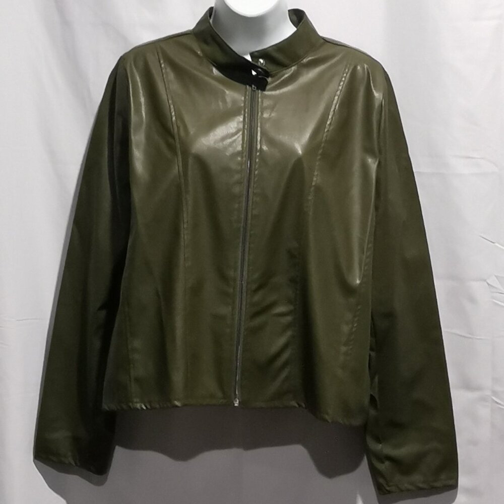 Olive Faux Leather Jacket Size L EUC #152